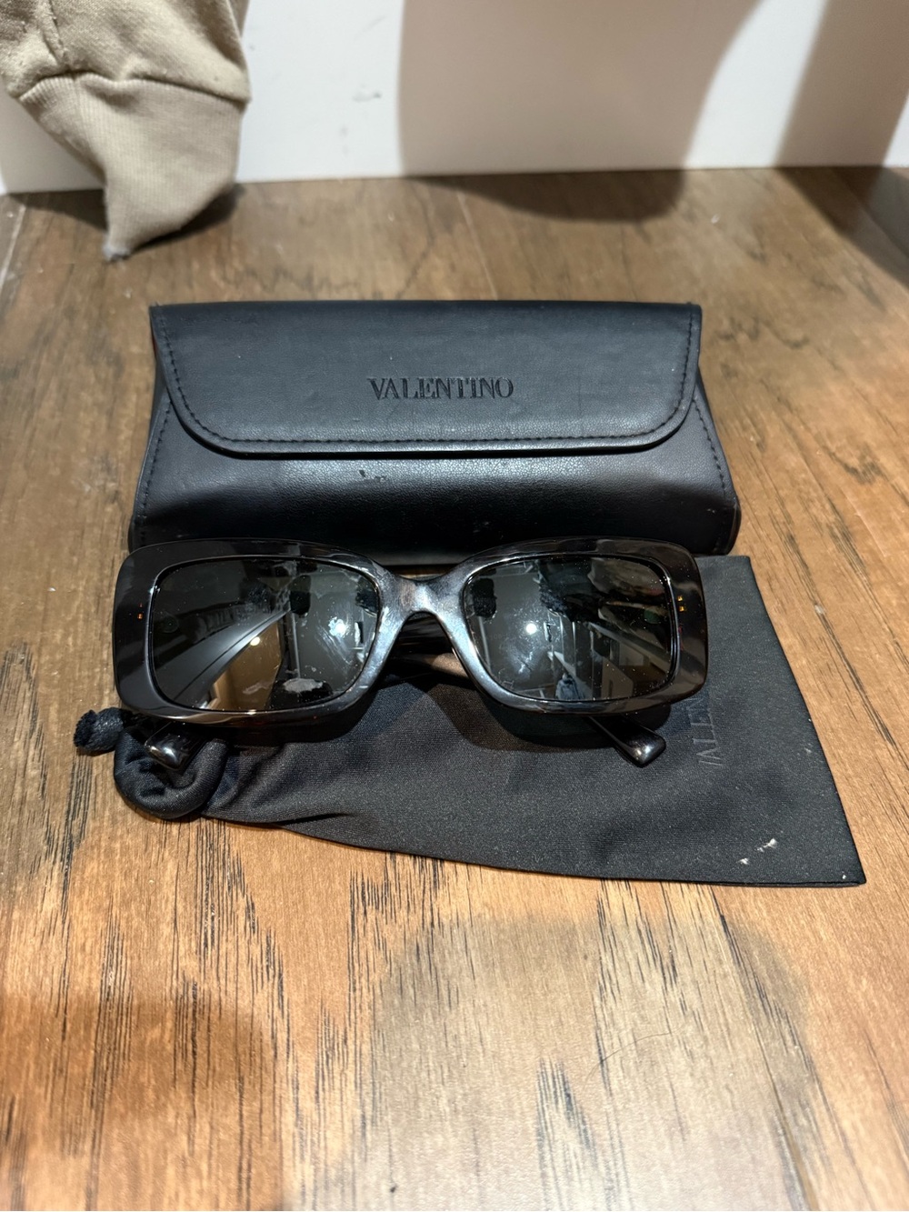 Valentino Black Rectangular Sunglasses with Case and Pouch